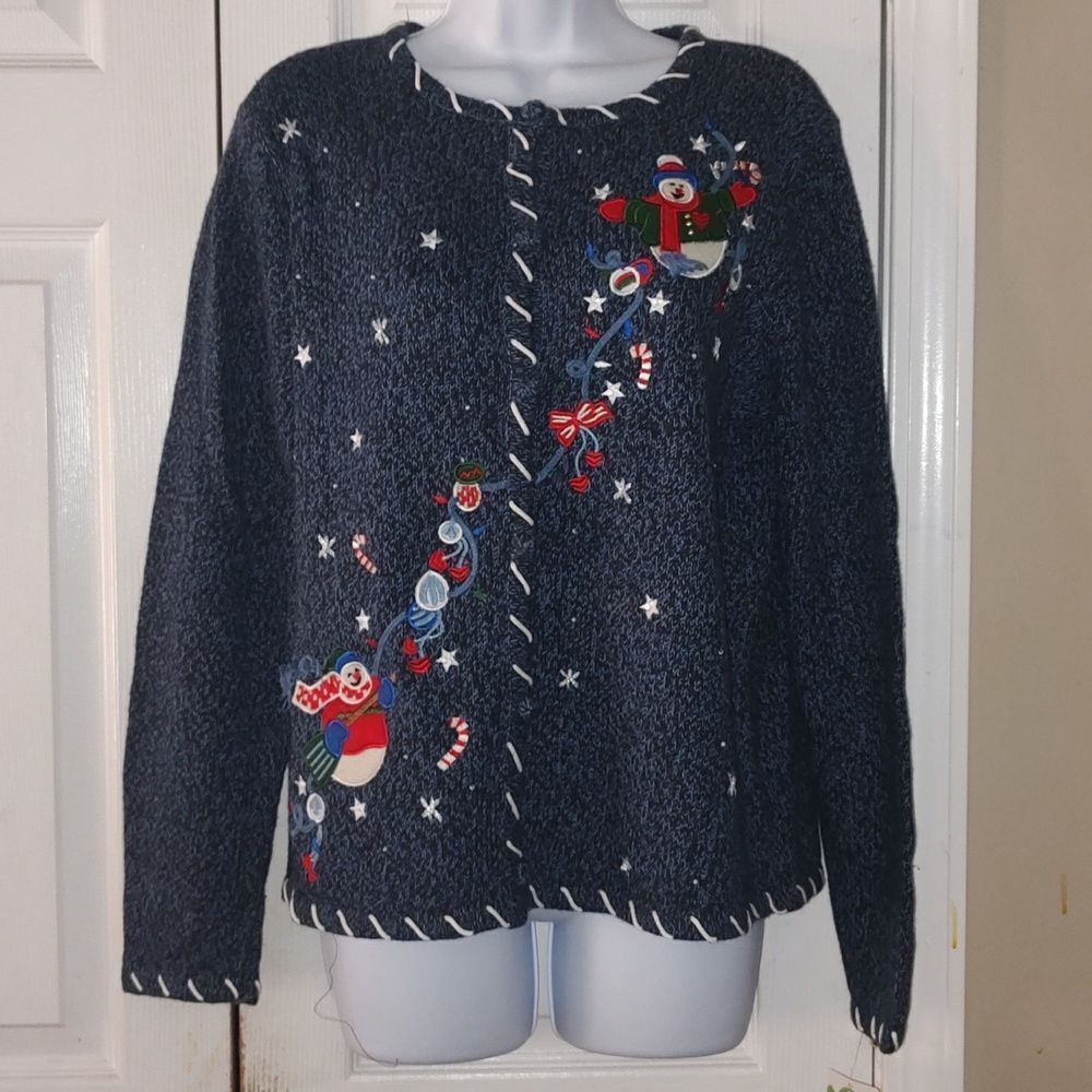 Cappagallo  blue button down winter snowman holiday cardigan Sz M NWT